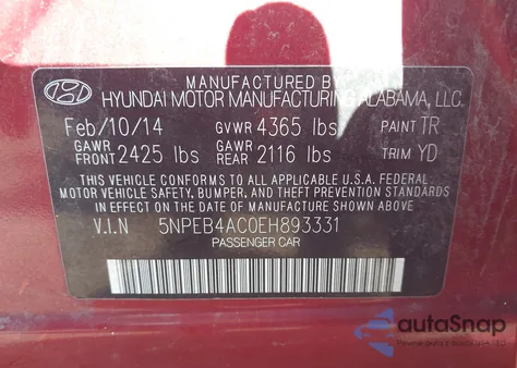 2014 Hyundai Sonata Gls from USA, damaged, VIN 5NPEB4AC0EH893331